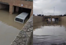 Bakıda sərnişin avtobusu suyun içində qaldı - Sərnişinlər kəndirlə xilas edildi